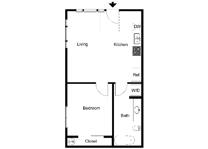 Floor plan for 1 bed, 1 bath, 550 sqft