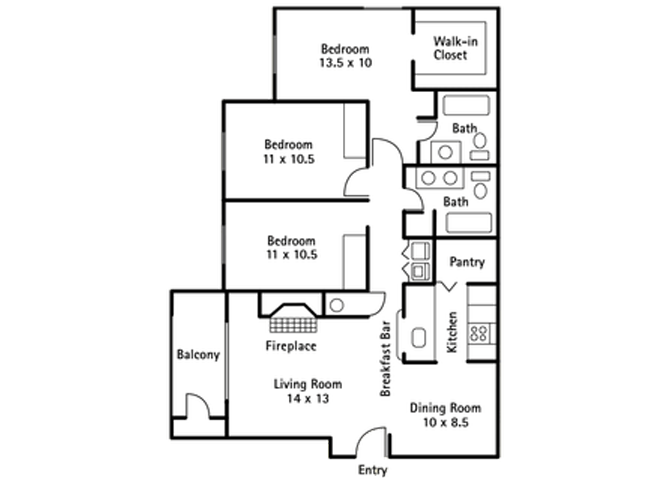 Floor plan for 3 beds, 2 baths, 1300 sqft