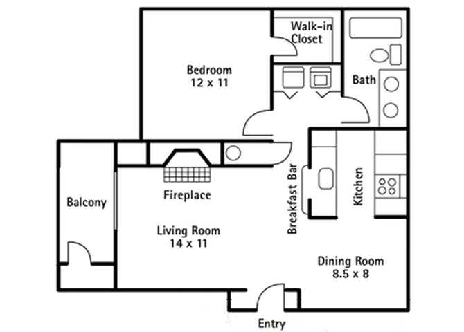 Floor plan for 1 bed, 1 bath, 700 sqft