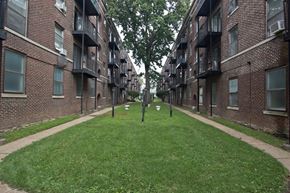 St Louis apartment for rent - an alleyway between two brick apartment buildings with grass and trees