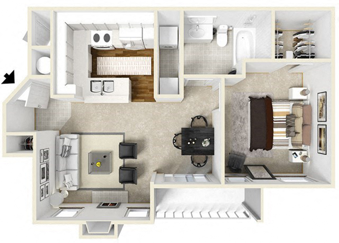 Floor plan for 1 bed, 1 bath, 845 sqft