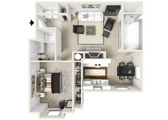 Floor plan for 1 bed, 1 bath, 879 sqft