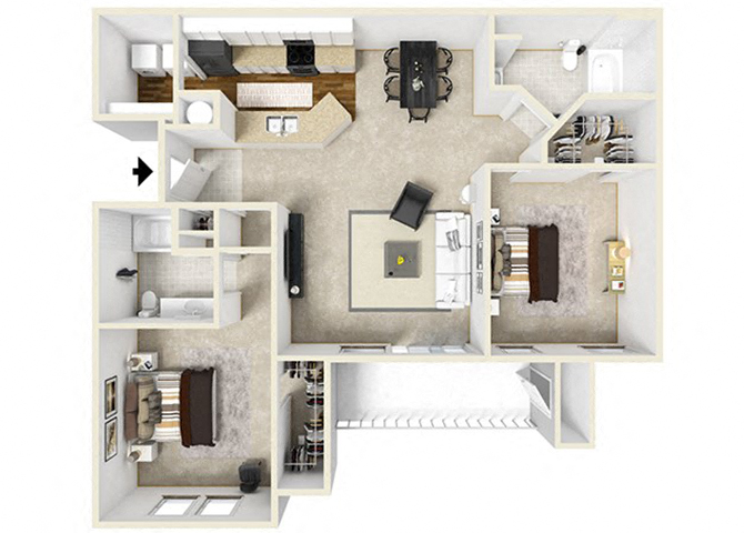 Floor plan for 2 beds, 2 baths, 1213 sqft