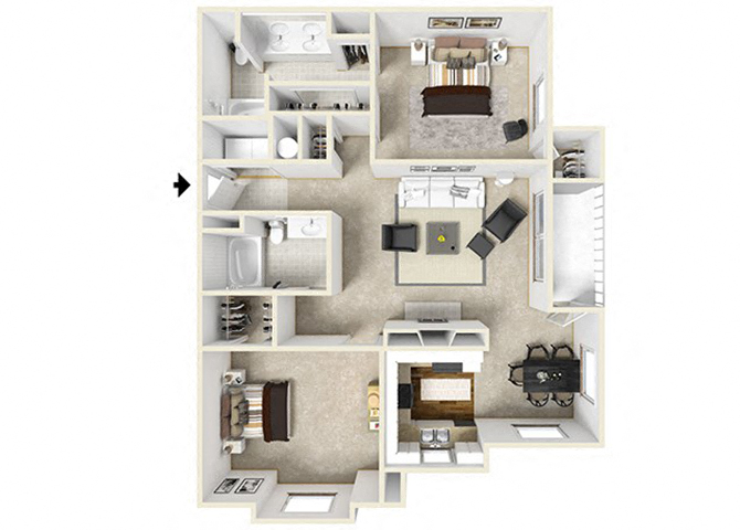 Floor plan for 2 beds, 2 baths, 1247 sqft