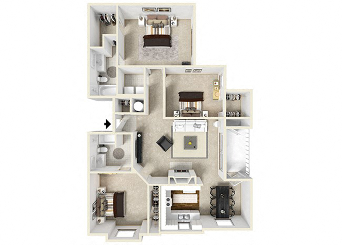 Floor plan for 3 beds, 2 baths, 1385 sqft