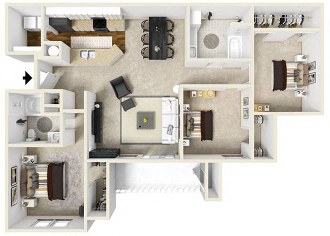Floor plan for 3 beds, 2 baths, 1416 sqft