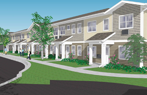 North Hudson apartment for rent - a rendering of a row of townhomes with people walking in front of them