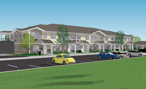North Hudson apartment for rent - a rendering of an apartment building with cars parked in front of it
