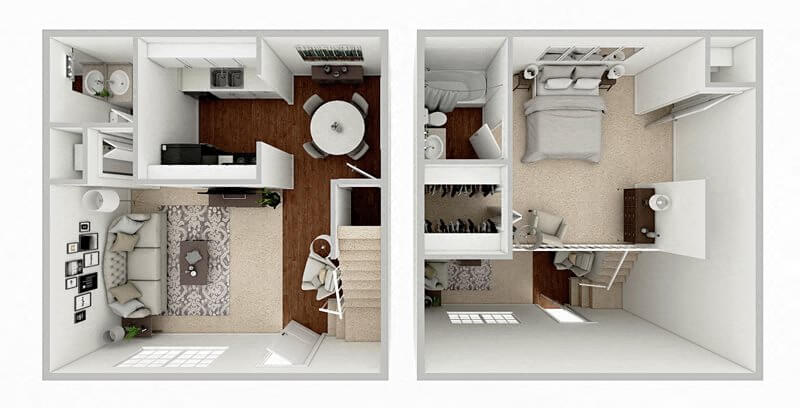 Floor plan for 1 bed, 1.5 baths, 800 sqft