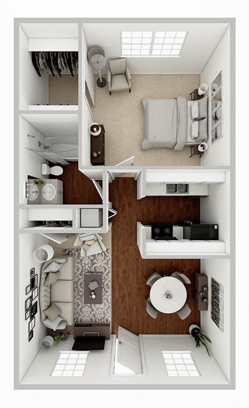 Floor plan for 1 bed, 1 bath, 700 sqft