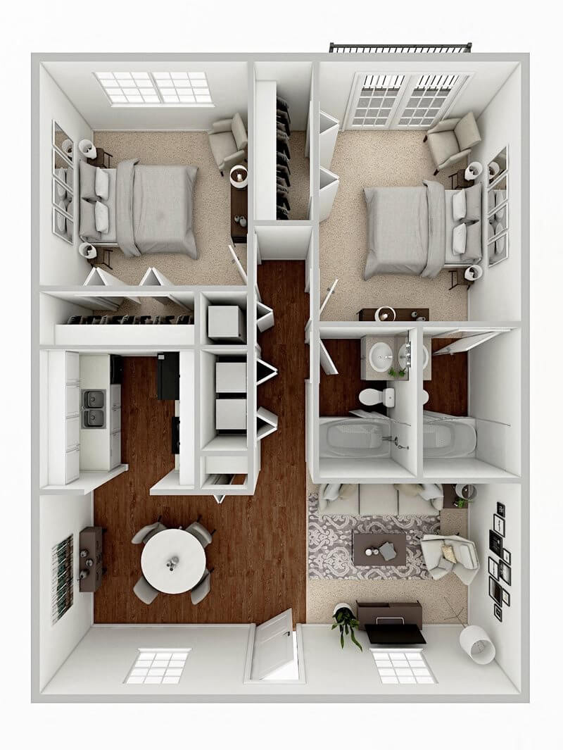 Floor plan for 2 beds, 2 baths, 1010 sqft