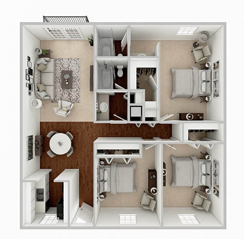 Floor plan for 3 beds, 2 baths, 1210 sqft