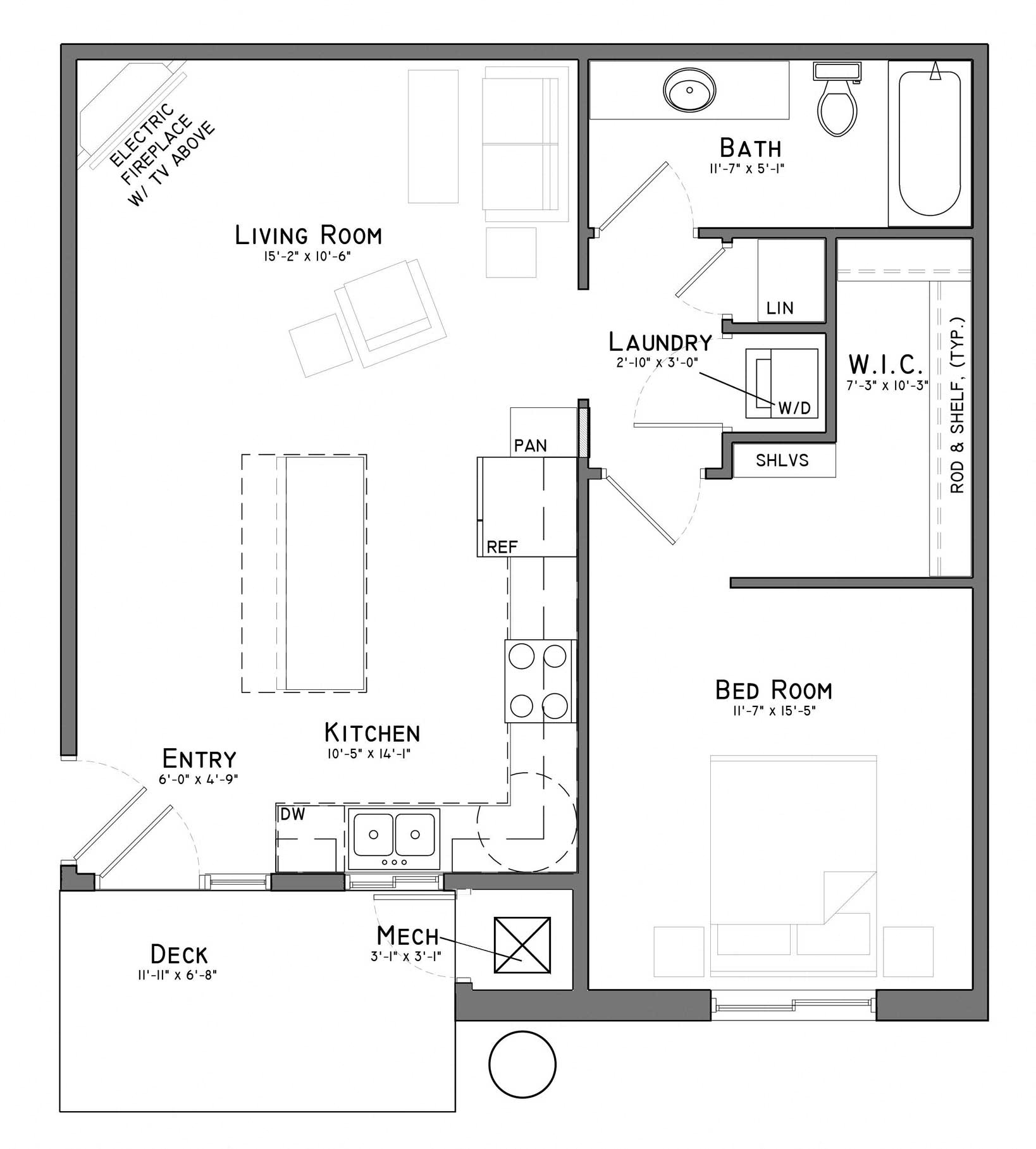 Floor plan for 1 bed, 1 bath, 770 sqft