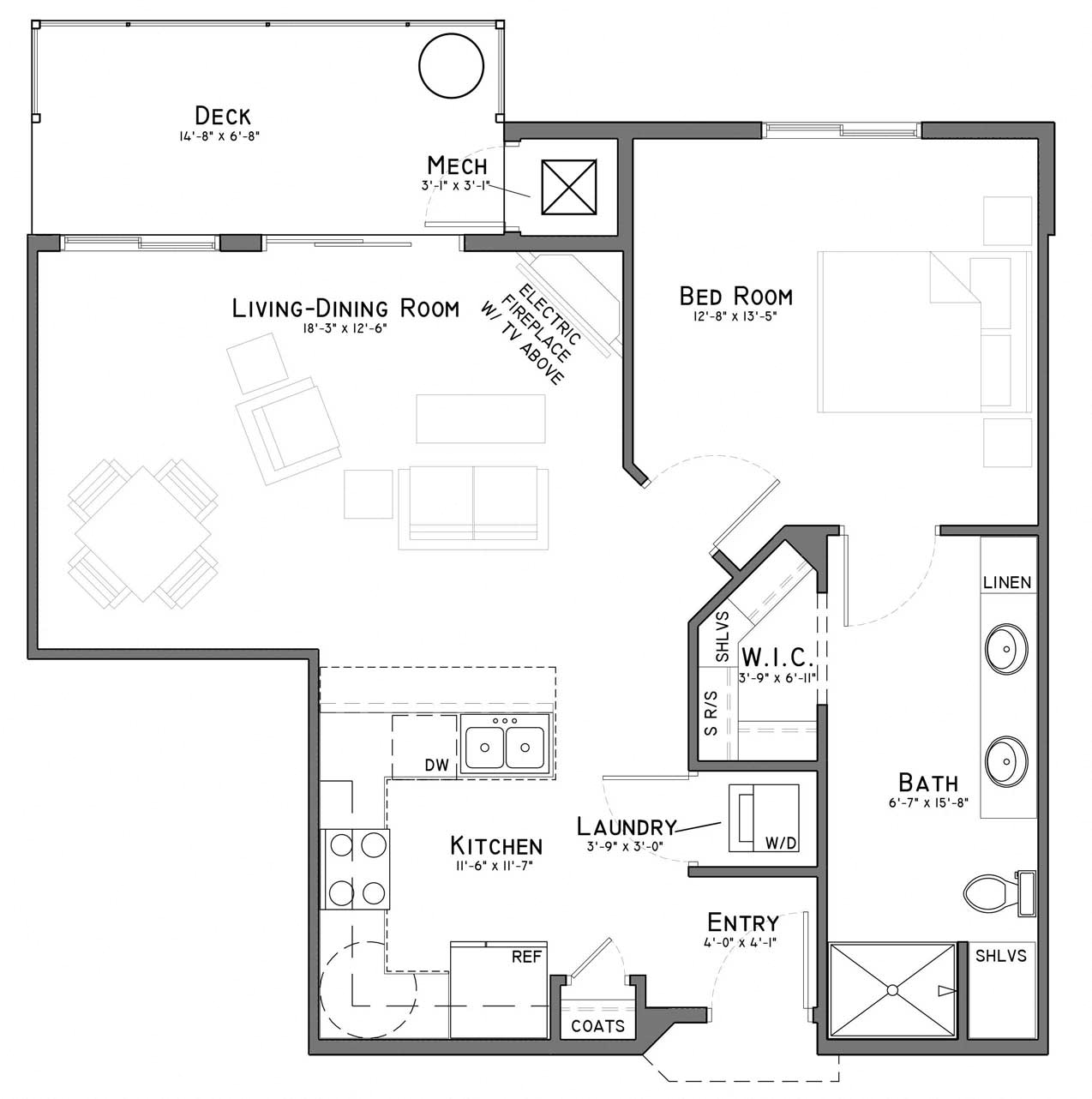 Floor plan for 1 bed, 1 bath, 763 sqft