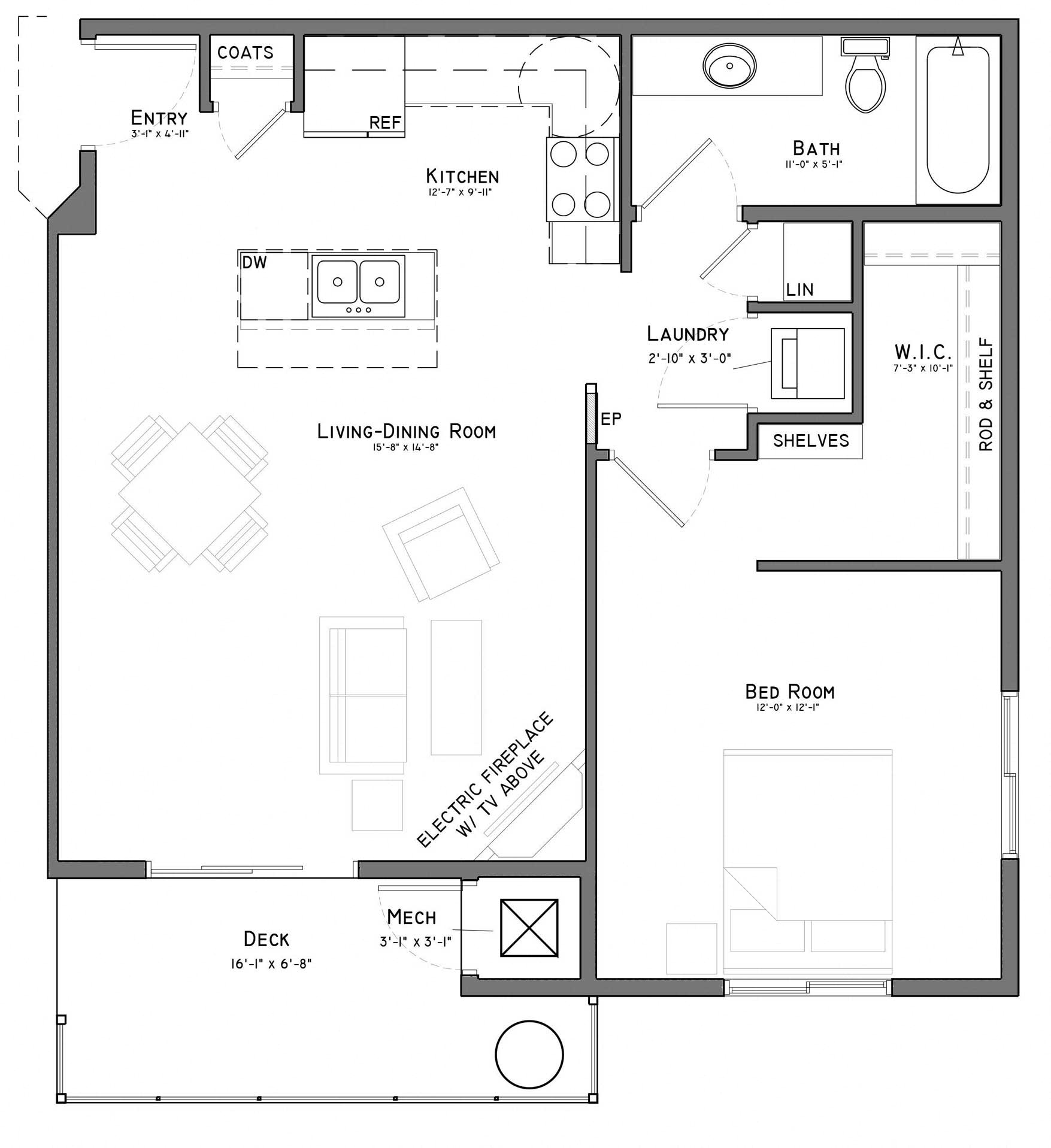 Floor plan for 1 bed, 1 bath, 794 sqft
