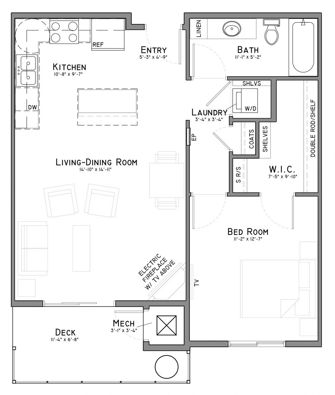Floor plan for 1 bed, 1 bath, 744 sqft