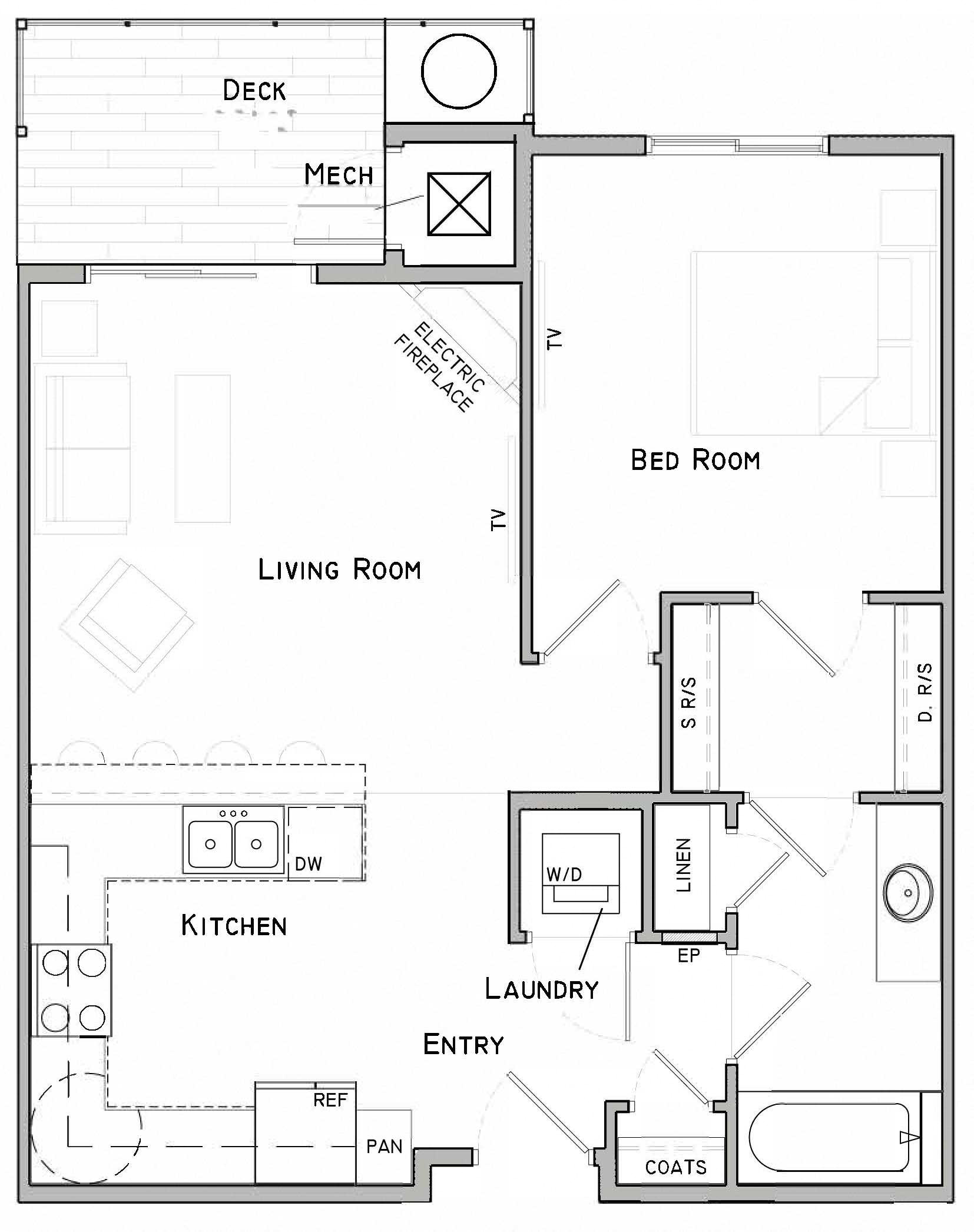 Floor plan for 1 bed, 1 bath, 706 sqft
