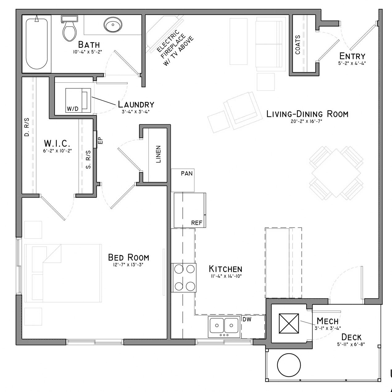 Floor plan for 1 bed, 1 bath, 899 sqft