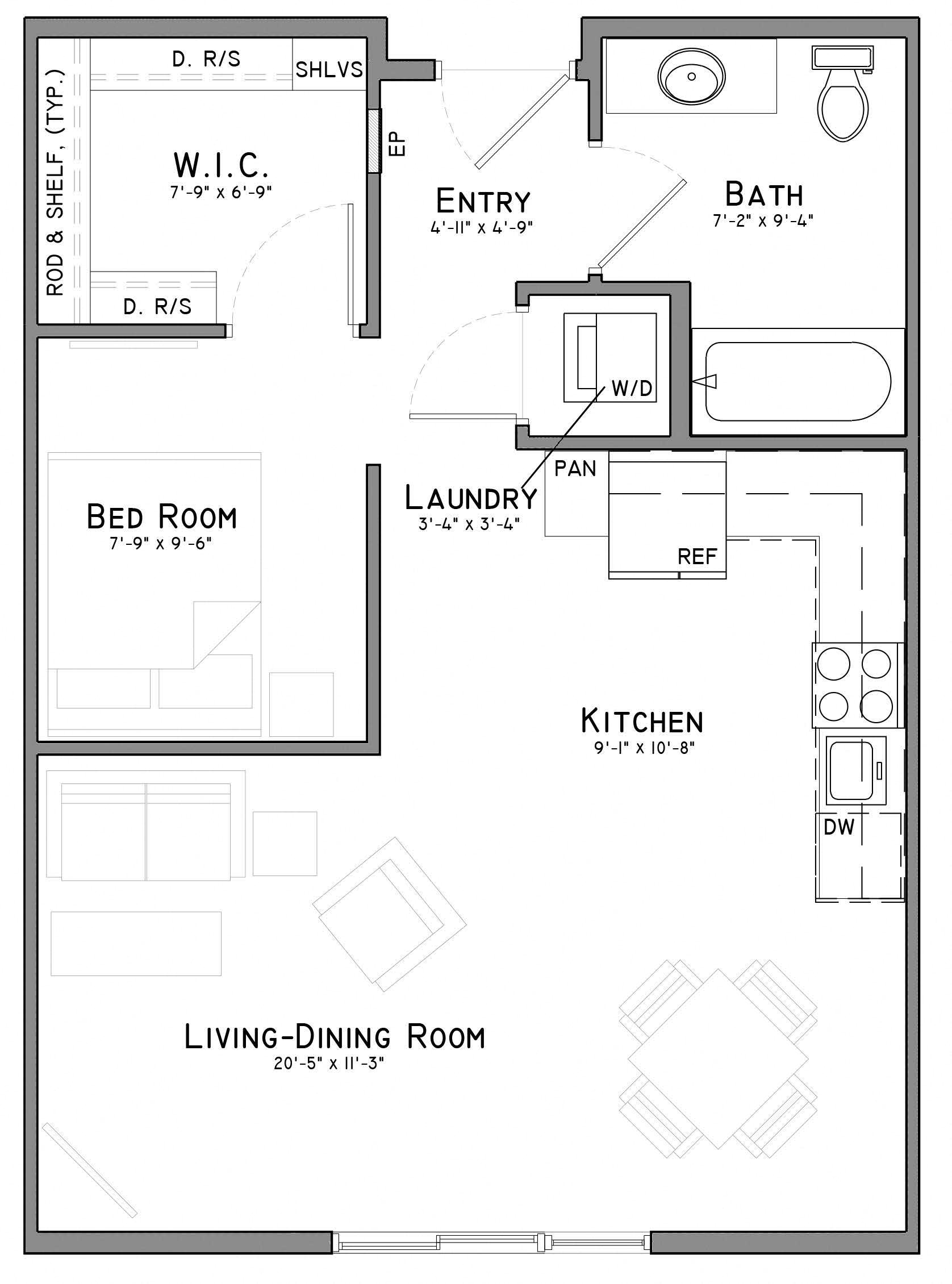Floor plan for studio, 1 bath, 611 sqft