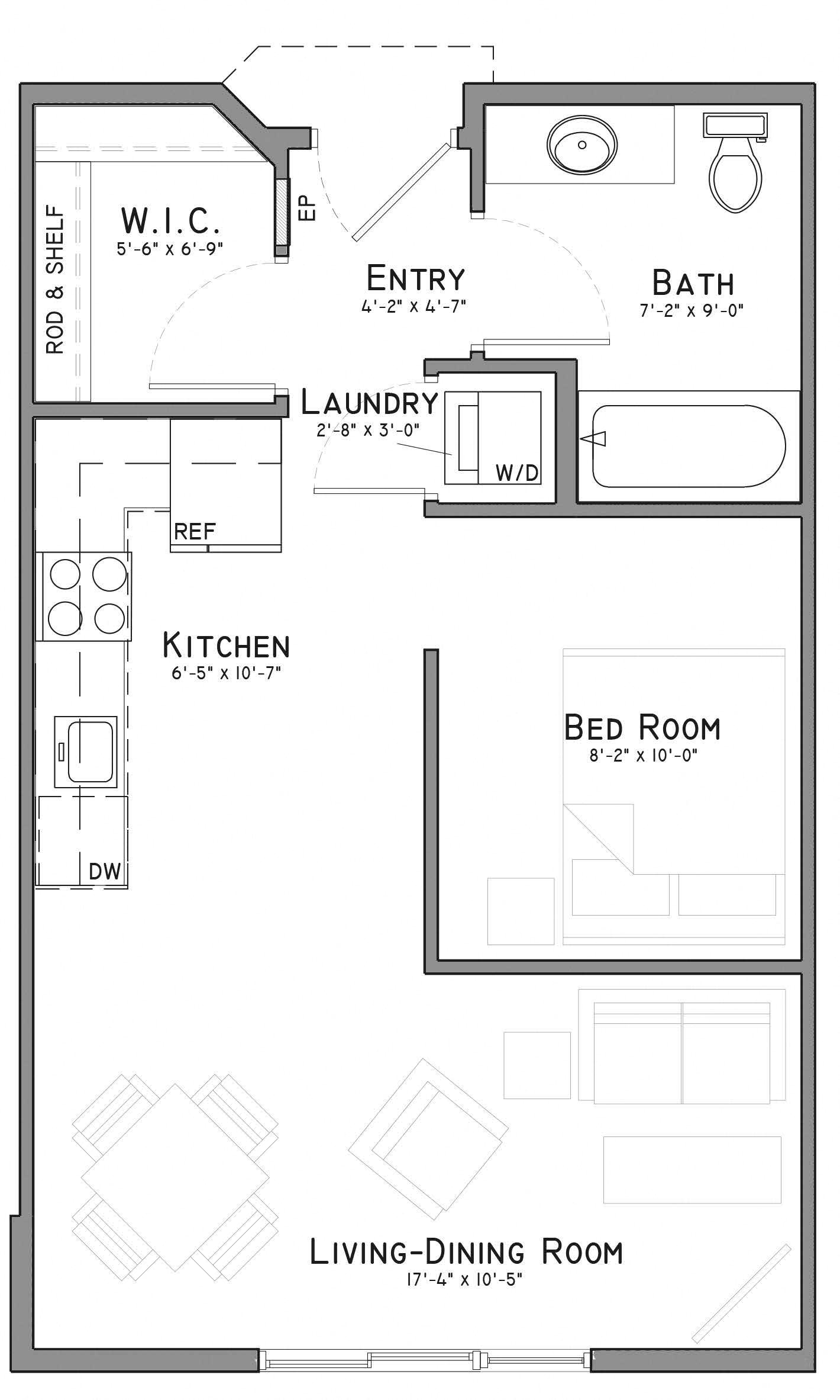 Floor plan for studio, 1 bath, 522 sqft