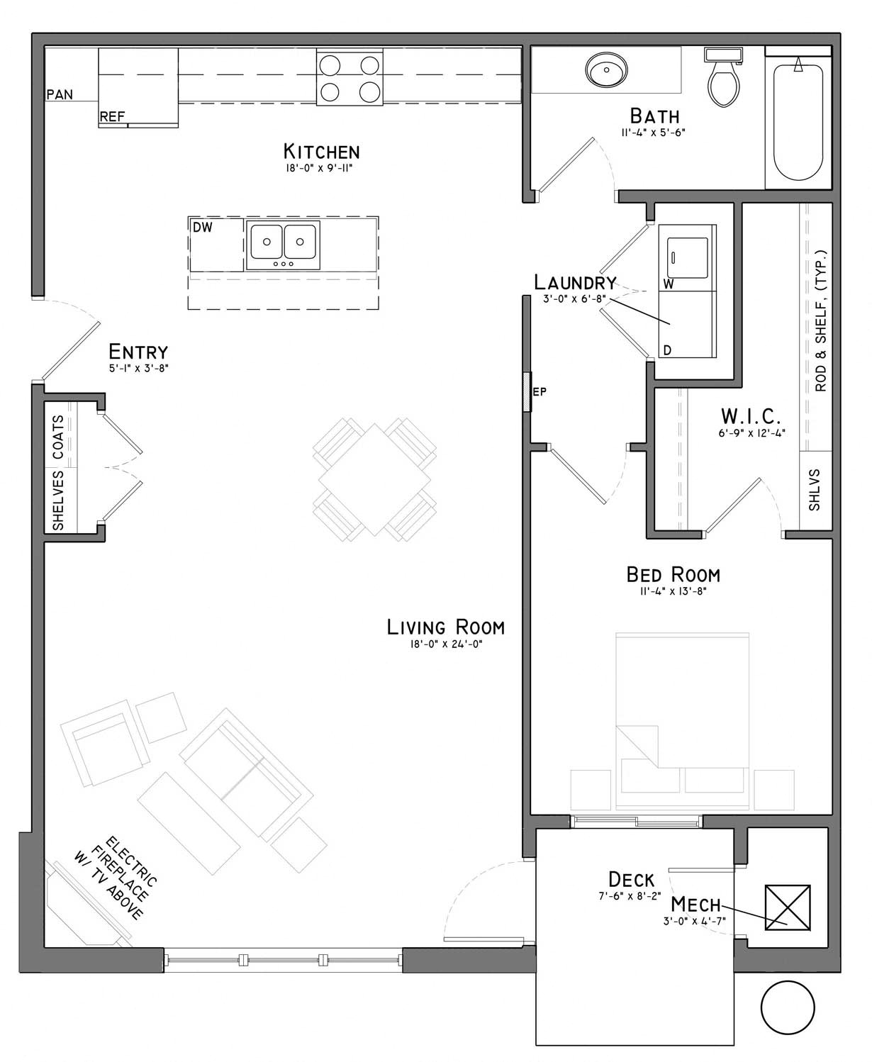 Floor plan for 1 bed, 1 bath, 1029 sqft