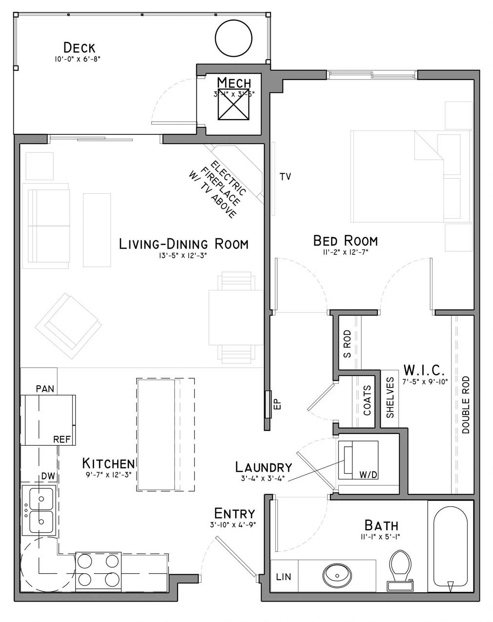 Floor plan for 1 bed, 1 bath, 706 sqft