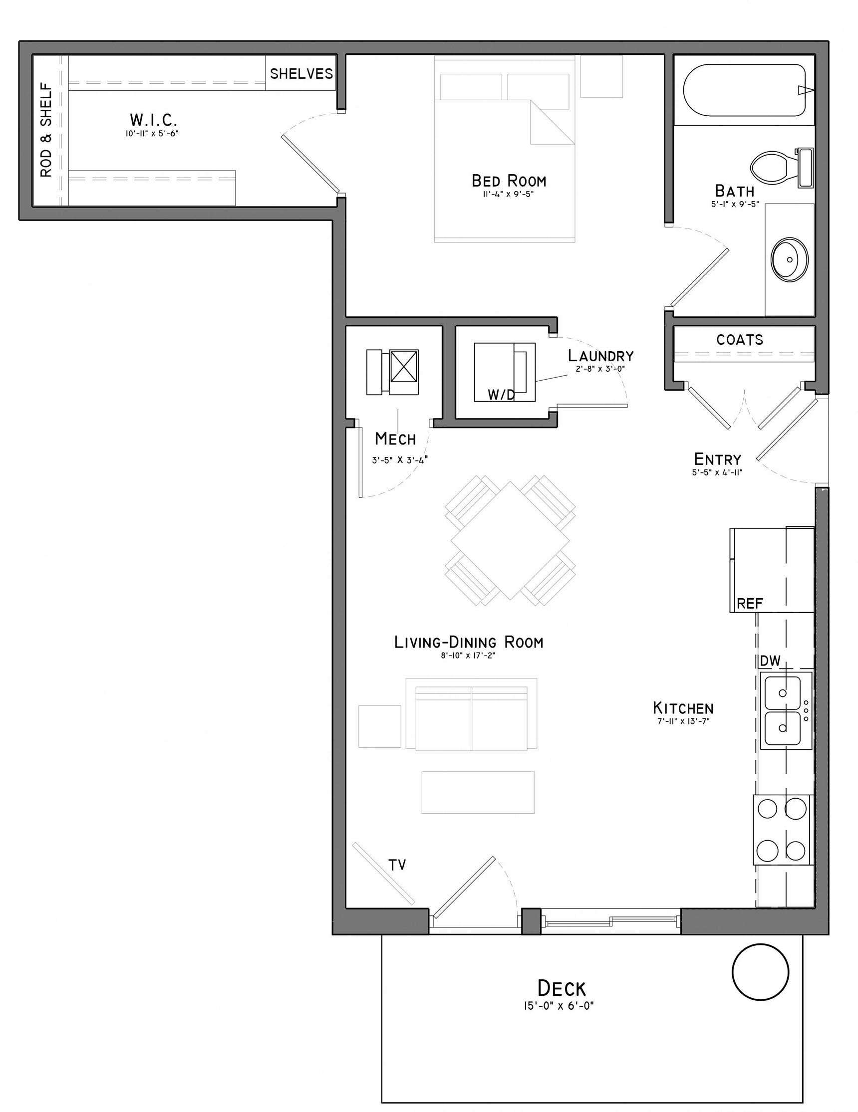 Floor plan for studio, 1 bath, 630 sqft
