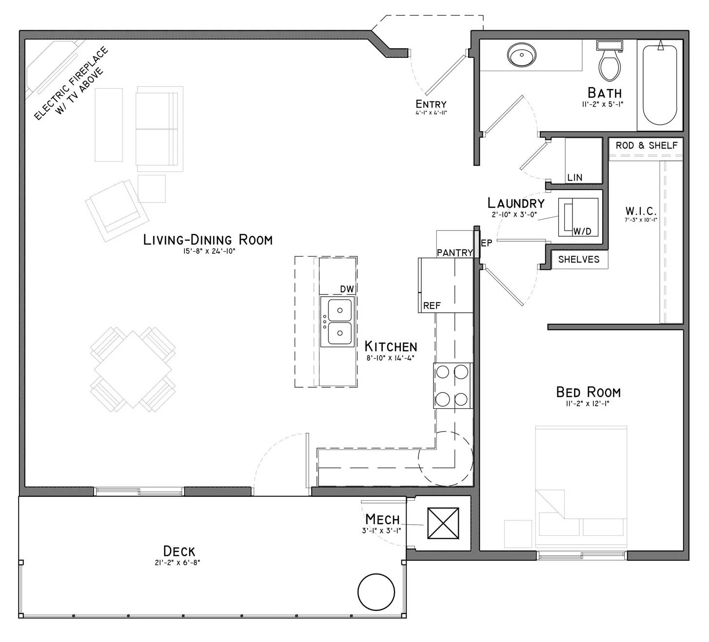 Floor plan for 1 bed, 1 bath, 990 sqft