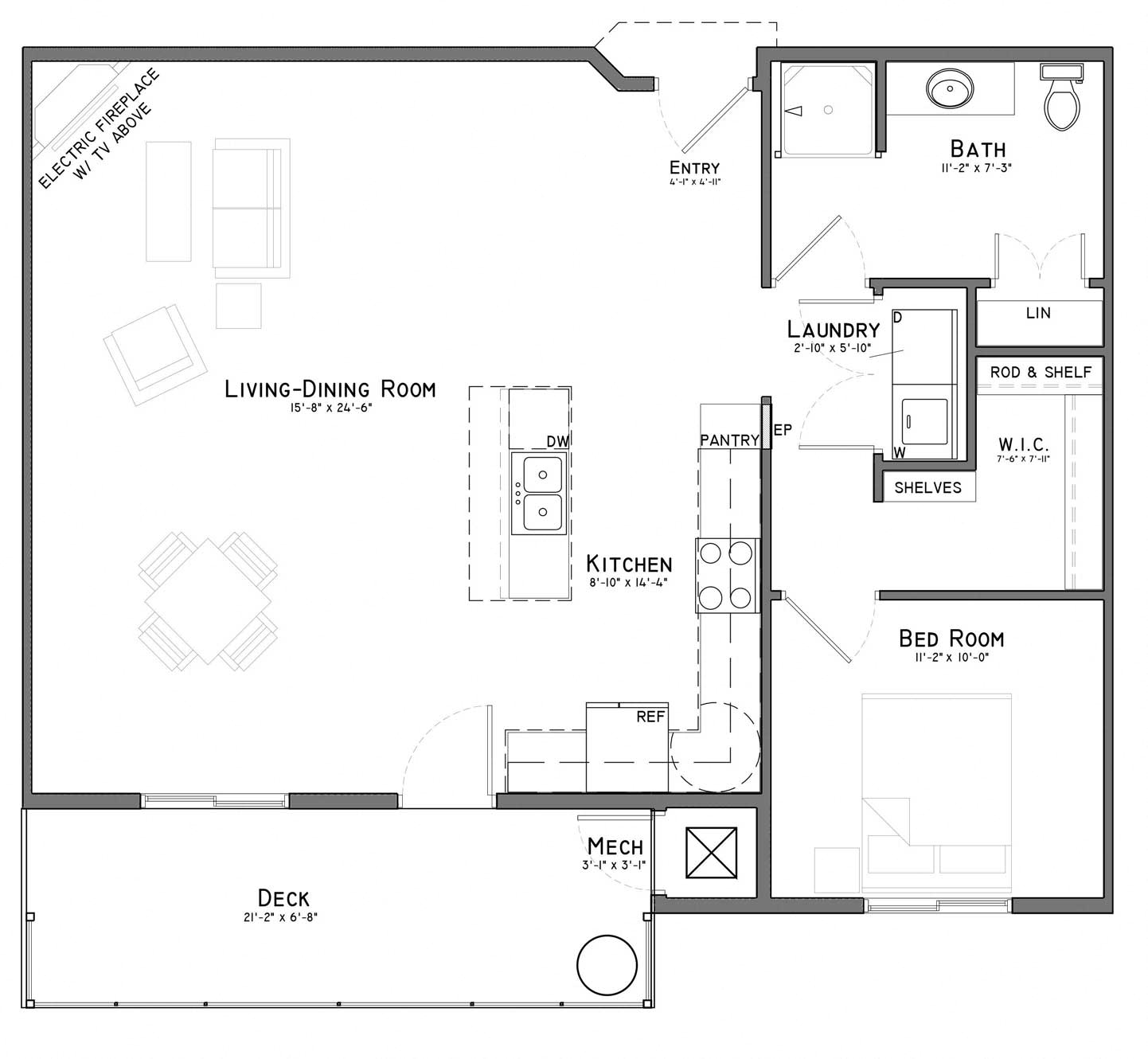 Floor plan for 1 bed, 1 bath, 987 sqft