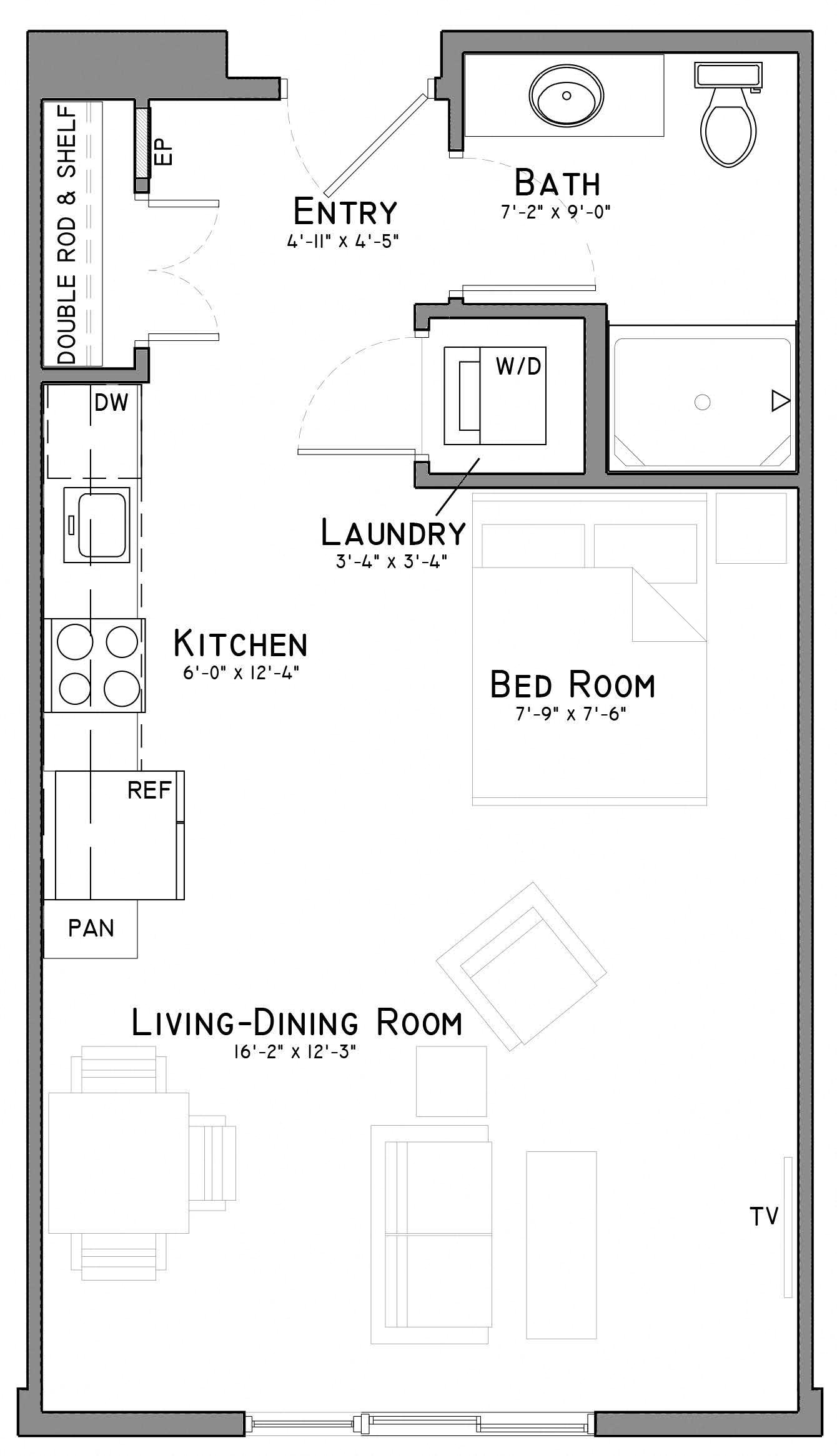 Floor plan for studio, 1 bath, 505 sqft