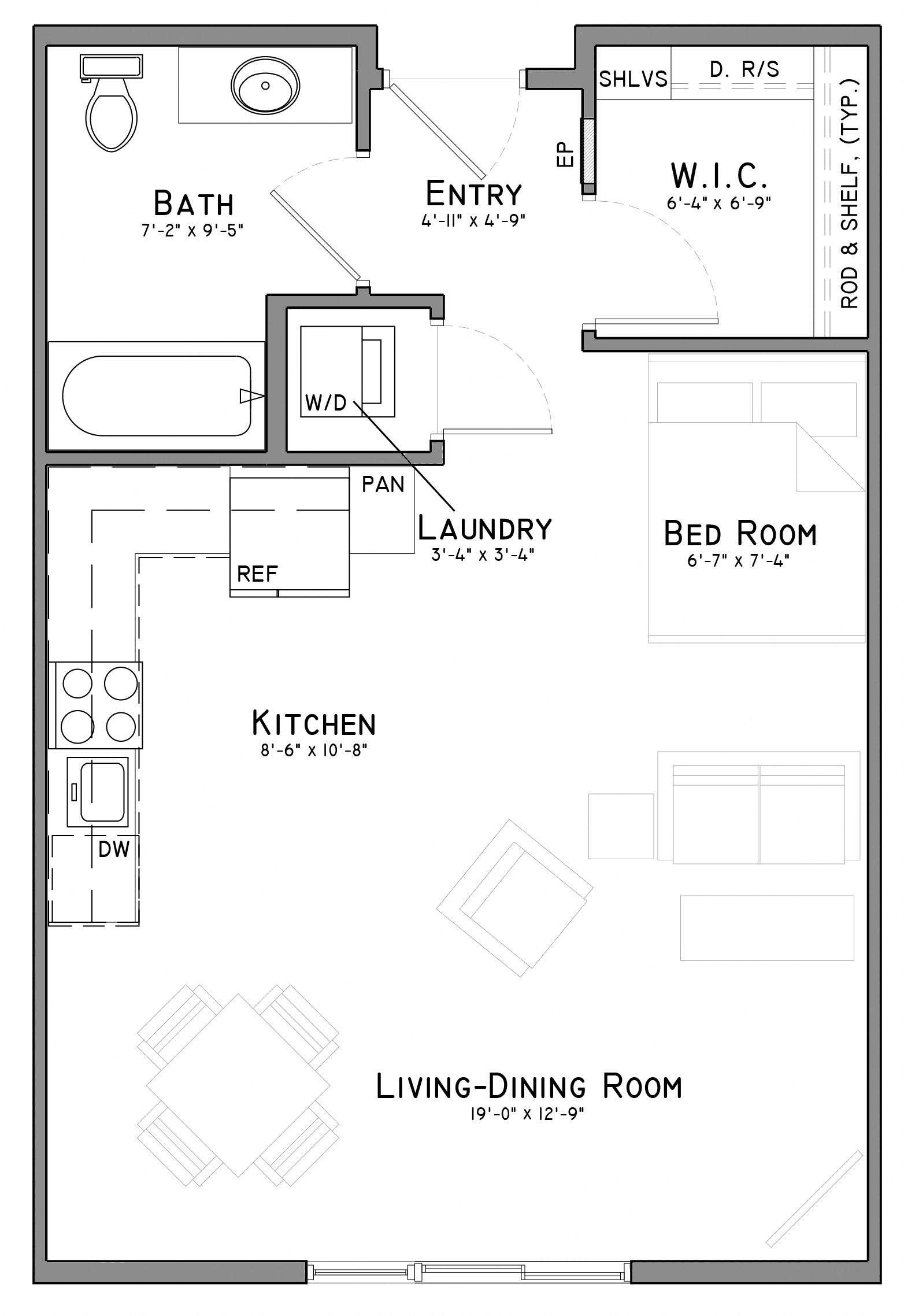 Floor plan for studio, 1 bath, 570 sqft
