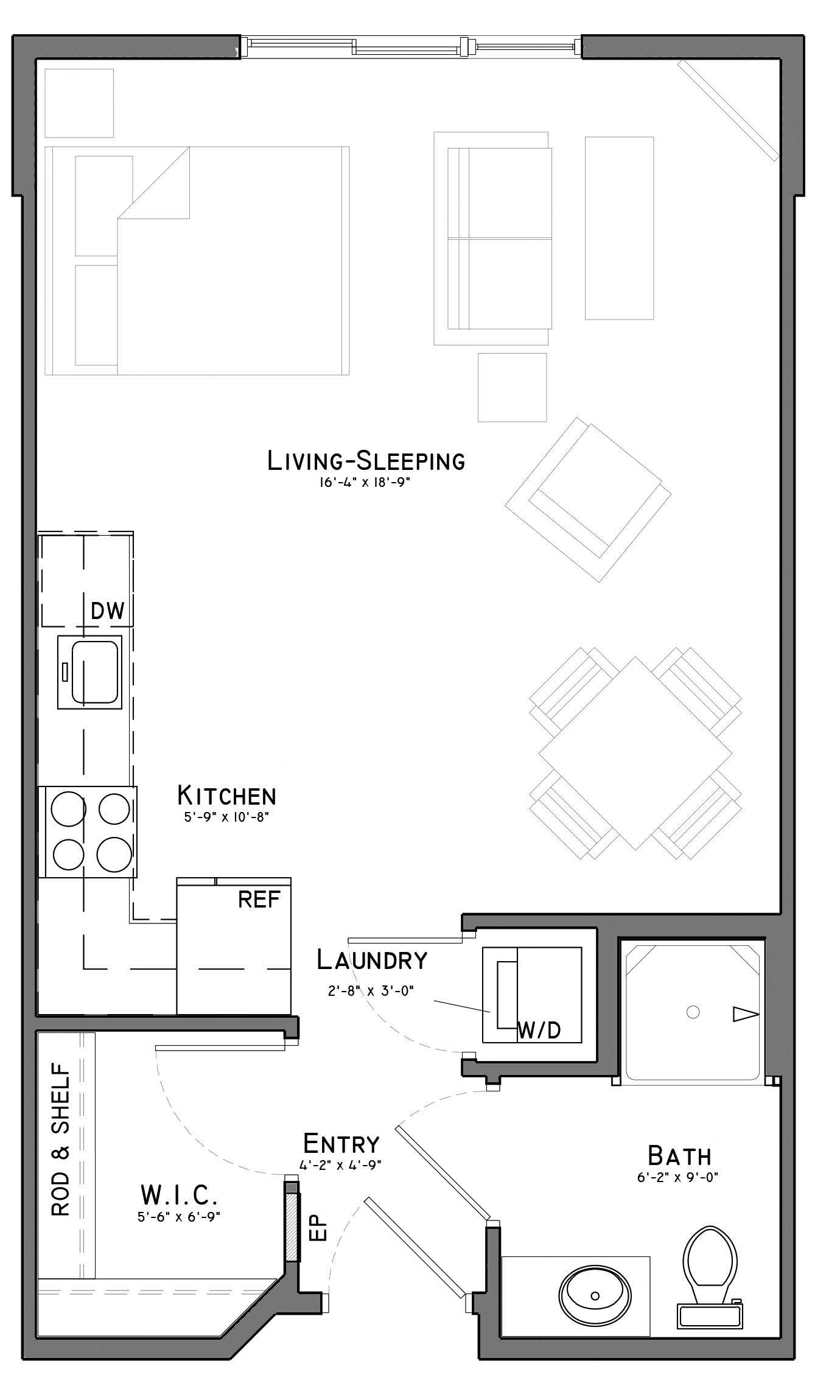 Floor plan for studio, 1 bath, 493 sqft