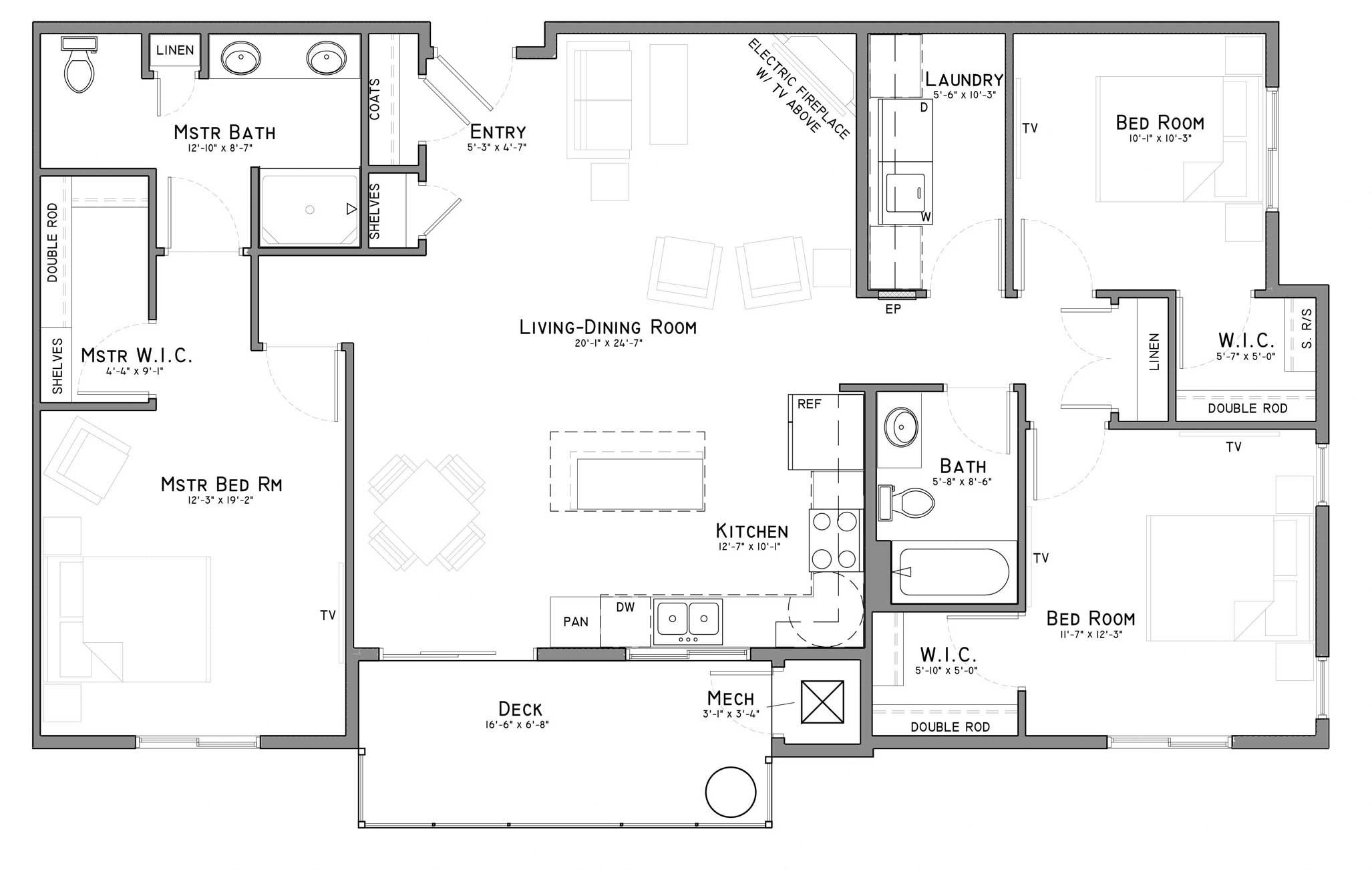 Floor plan for 3 beds, 2 baths, 1459 sqft