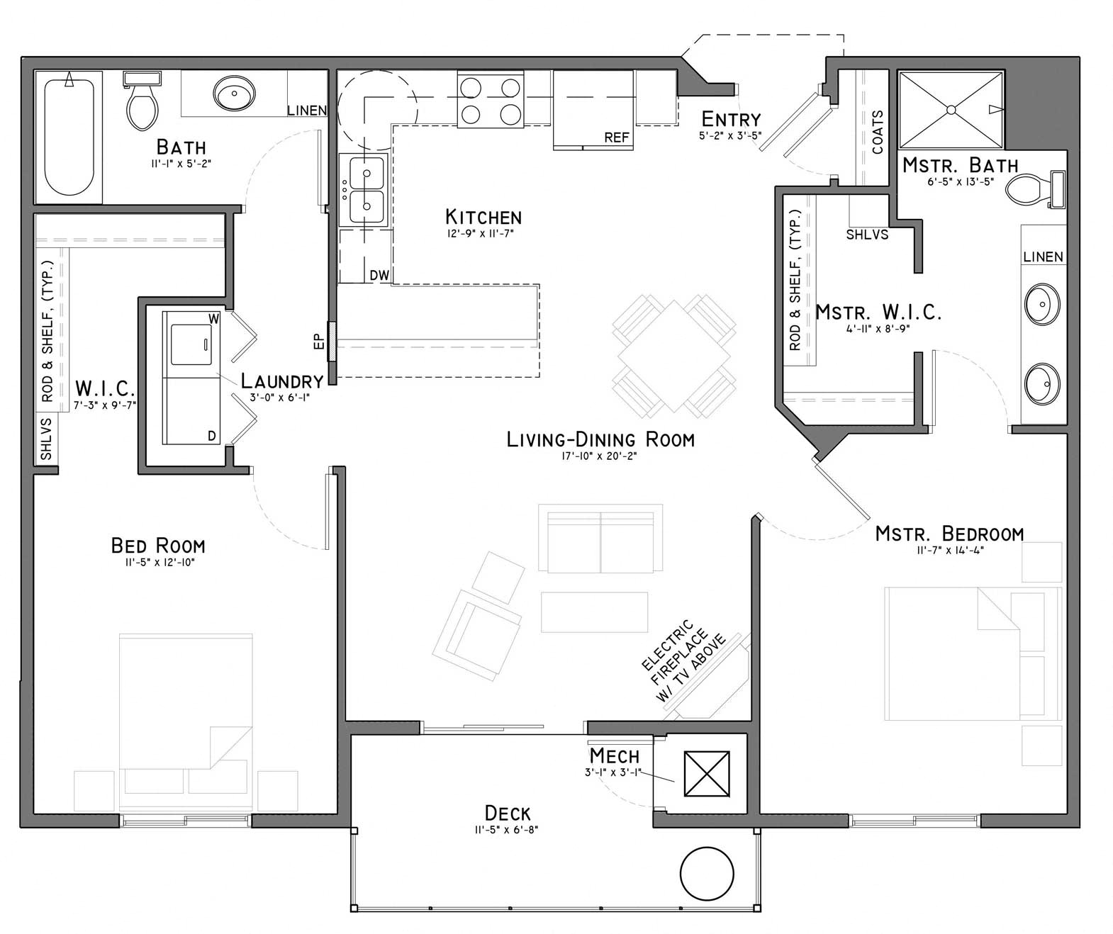 Floor plan for 2 beds, 2 baths, 1115 sqft