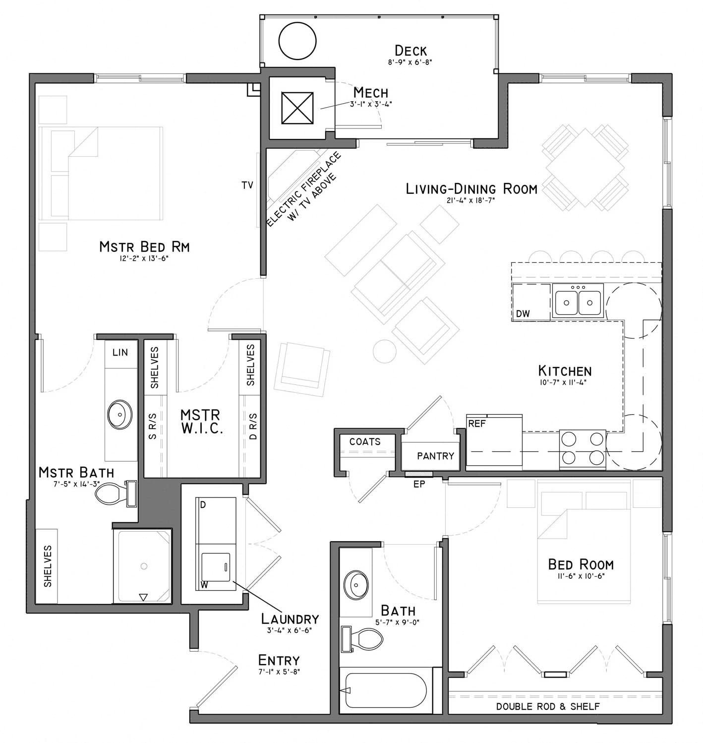 Floor plan for 2 beds, 2 baths, 1132 sqft