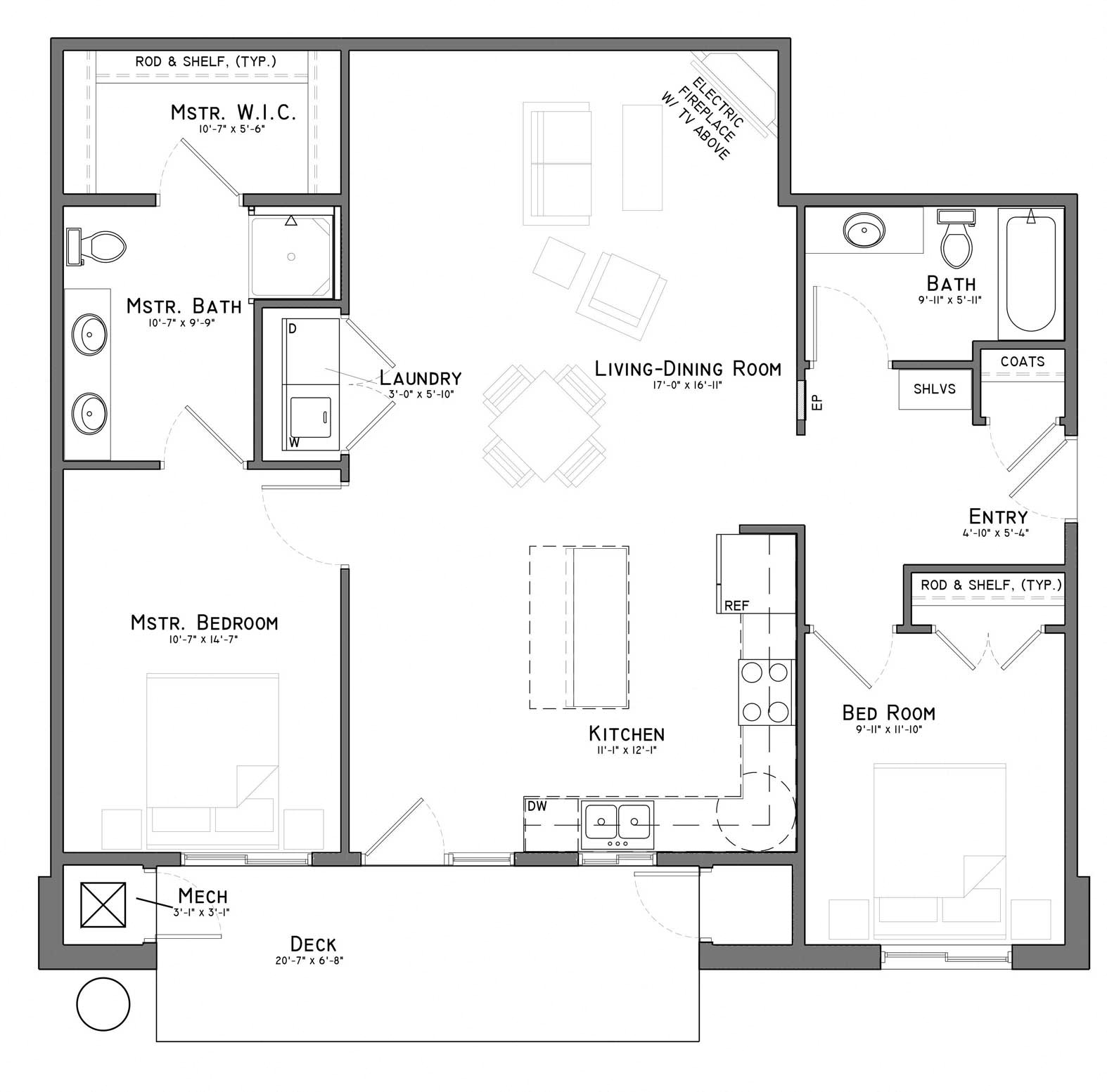 Floor plan for 2 beds, 2 baths, 1227 sqft