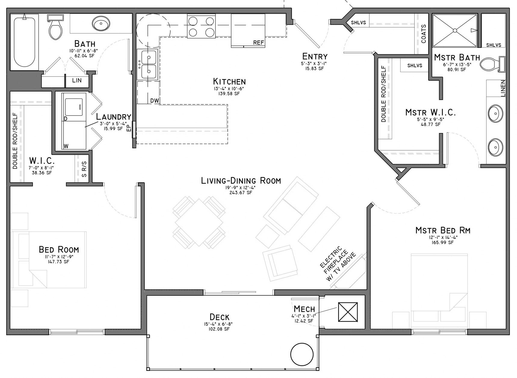 Floor plan for 2 beds, 2 baths, 1241 sqft