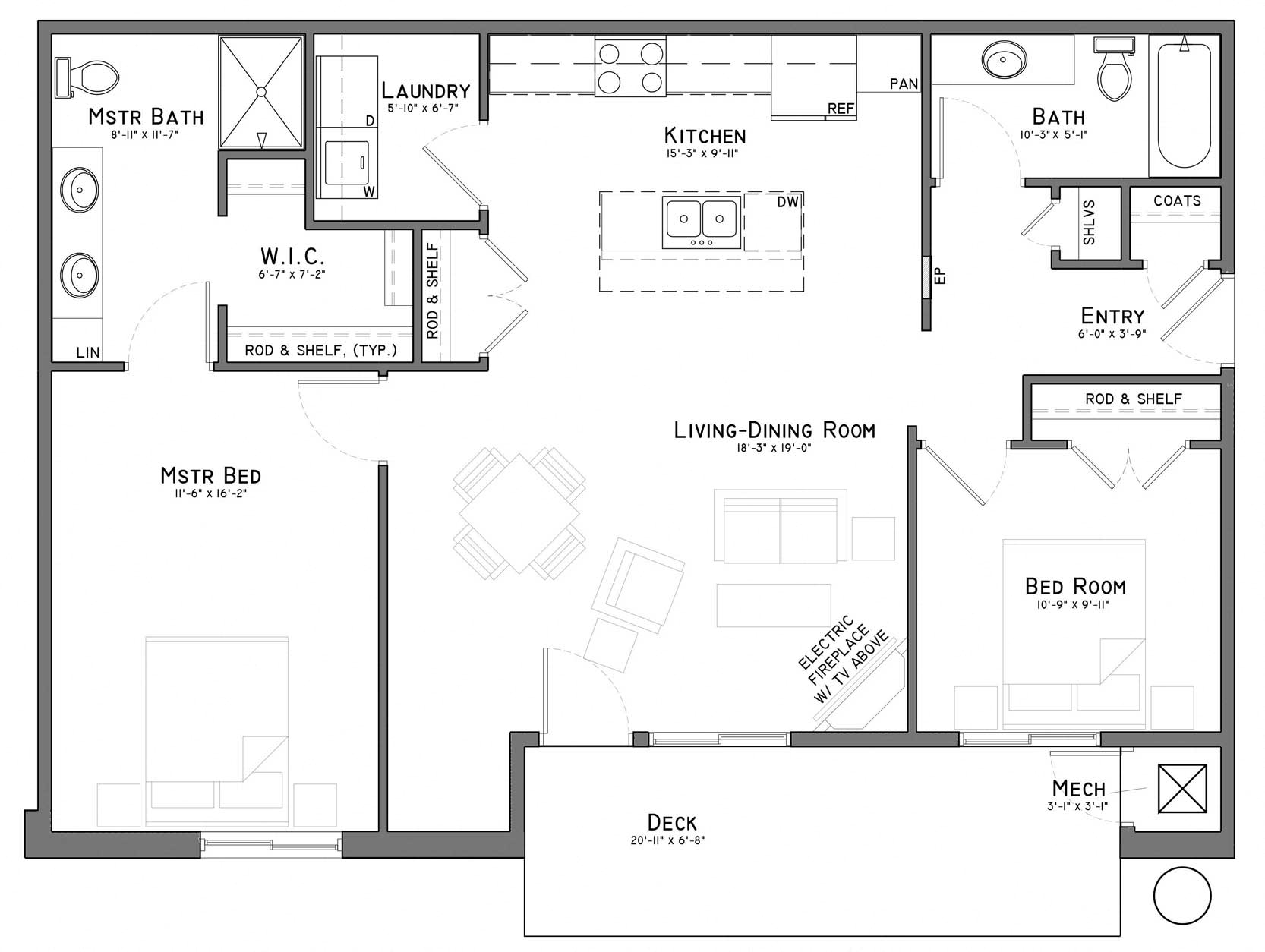 Floor plan for 2 beds, 2 baths, 1147 sqft