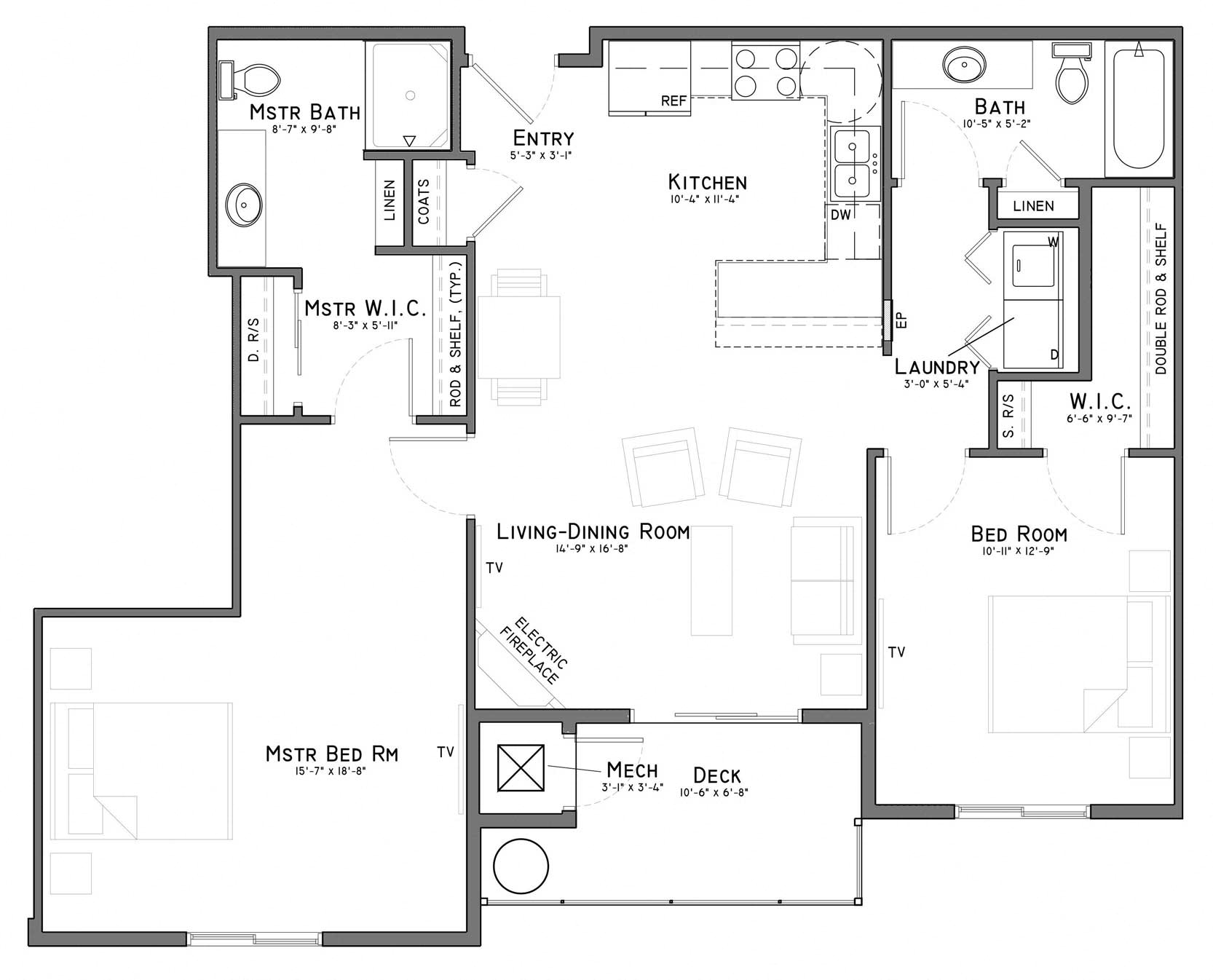 Floor plan for 2 beds, 2 baths, 1117 sqft