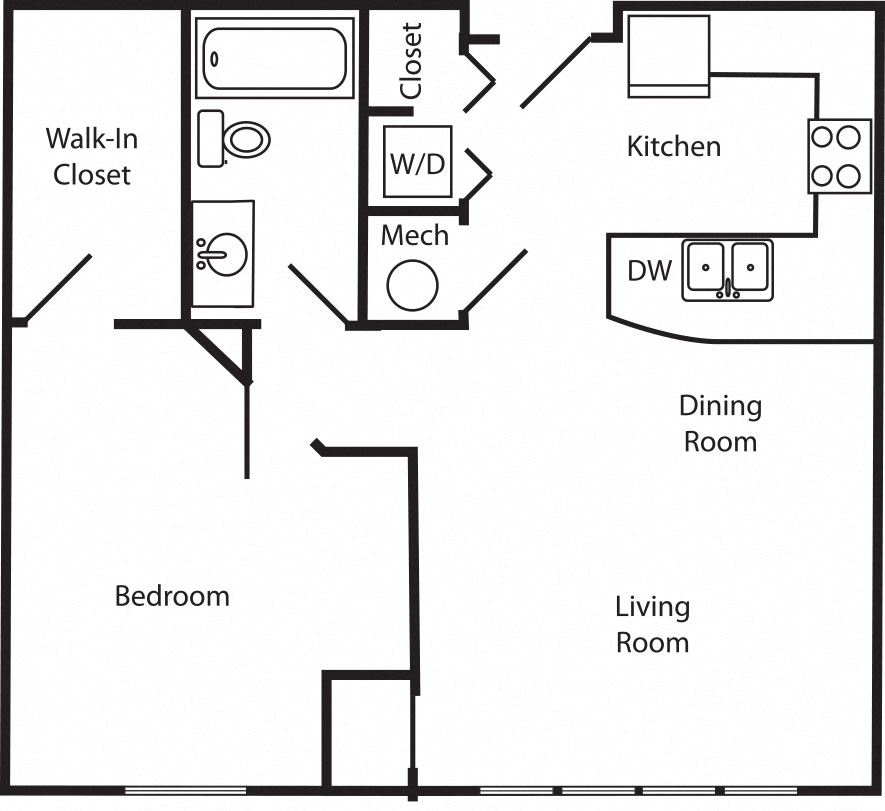 Floor plan for 1 bed, 1 bath, 880 sqft