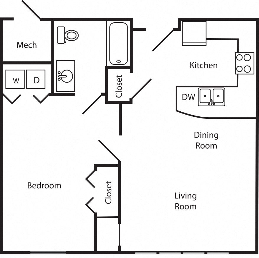 Floor plan for 1 bed, 1 bath, 825 sqft
