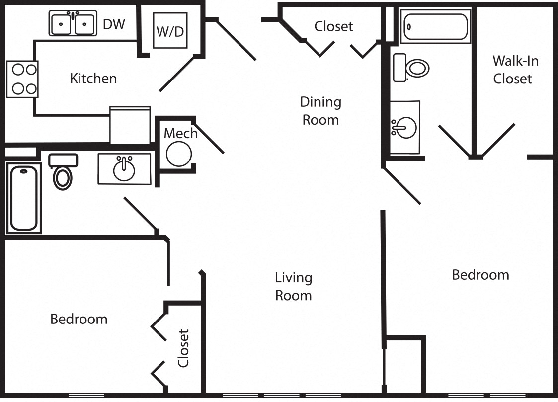 Floor plan for 2 beds, 2 baths, 1050 sqft