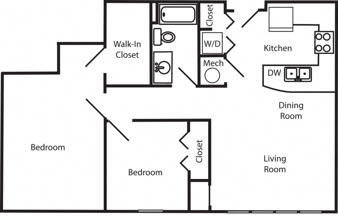 Floor plan for 2 beds, 1 bath, 1090 sqft