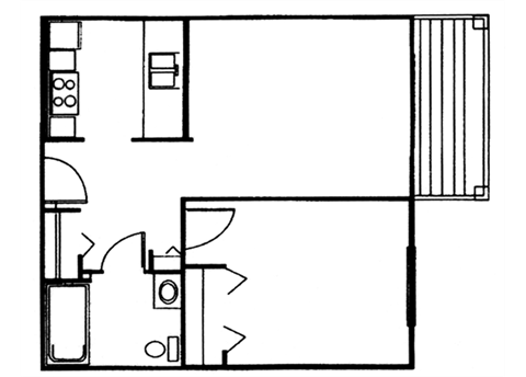 Floor plan for 1 bed, 1 bath, 566 sqft