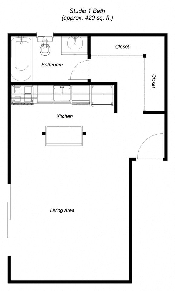 Floor plan for studio, 1 bath, 580 sqft