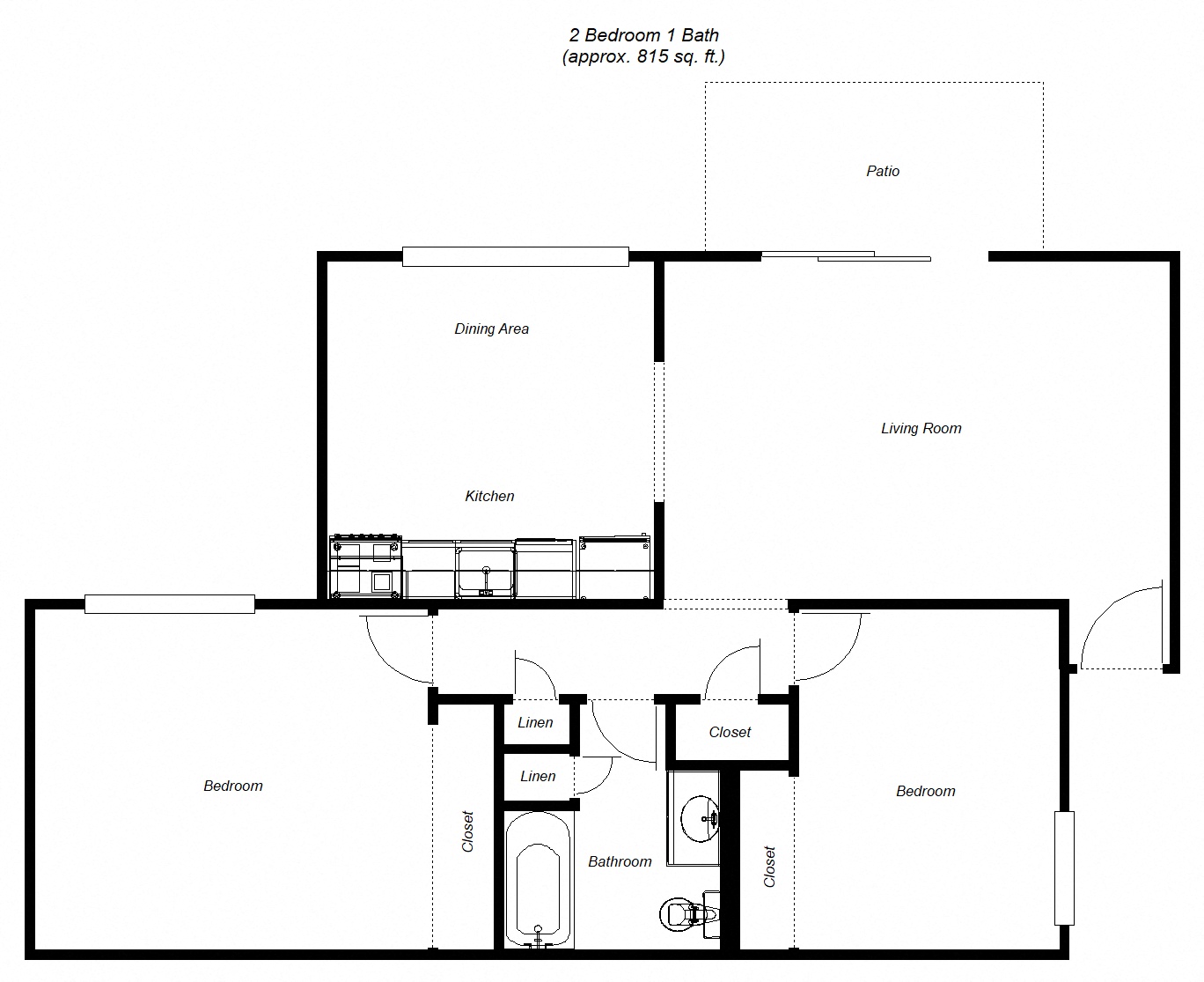Floor plan for 2 beds, 1 bath, 815 sqft