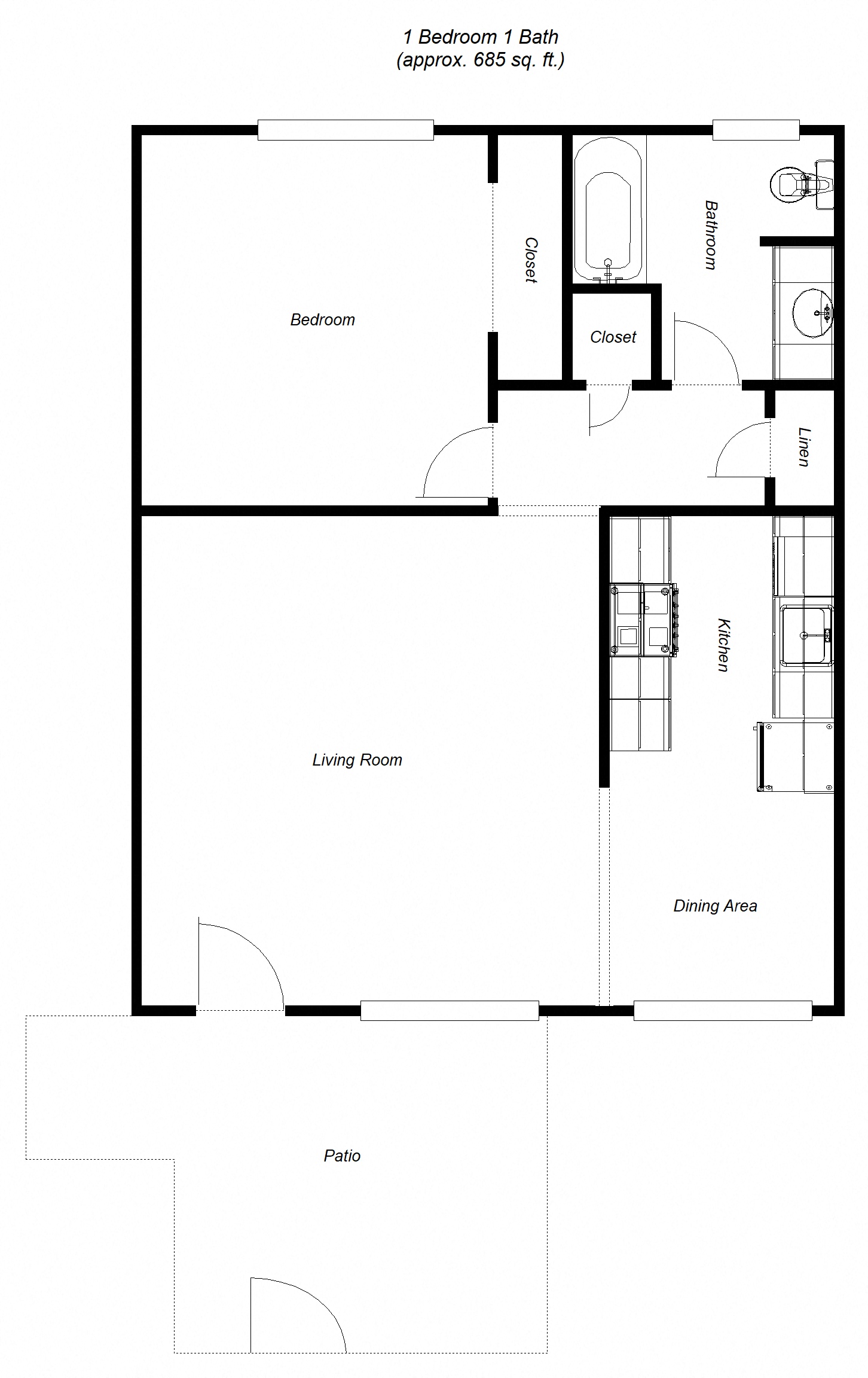 Floor plan for 1 bed, 1 bath, 685 sqft