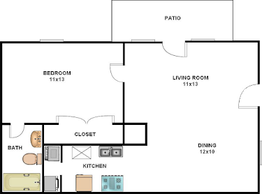 Floor plan for 1 bed, 1 bath, 720 sqft