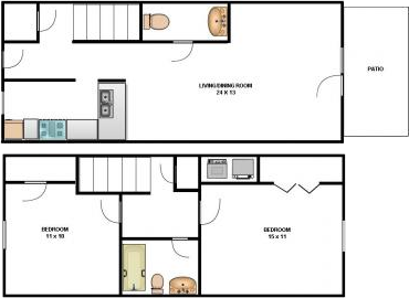Floor plan for 2 beds, 1.5 baths, 1008 sqft