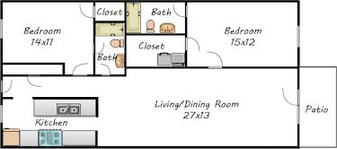 Floor plan for 2 beds, 2 baths, 1048 sqft